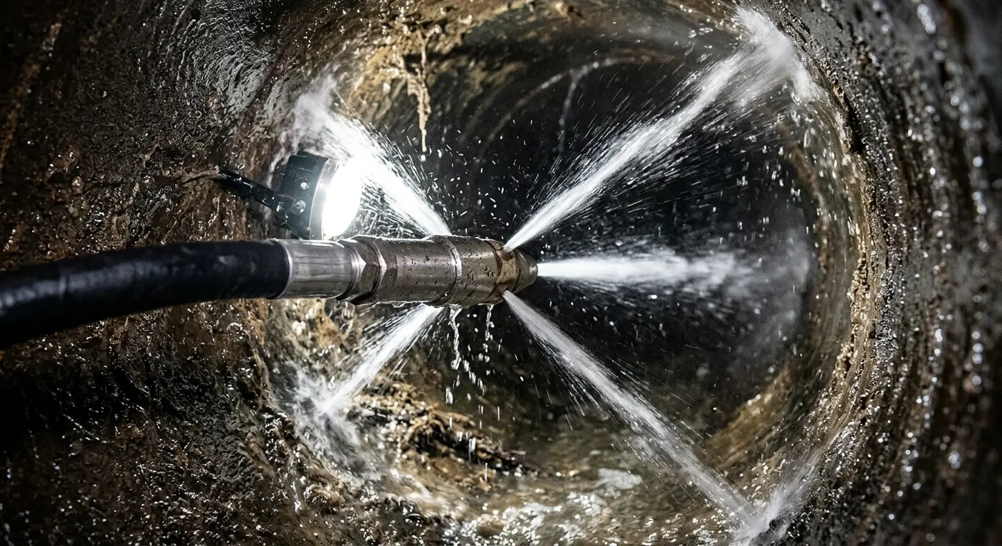 High-pressure hydro jetting nozzle cleaning sewer pipe for Sewer Cleanout in Cudahy