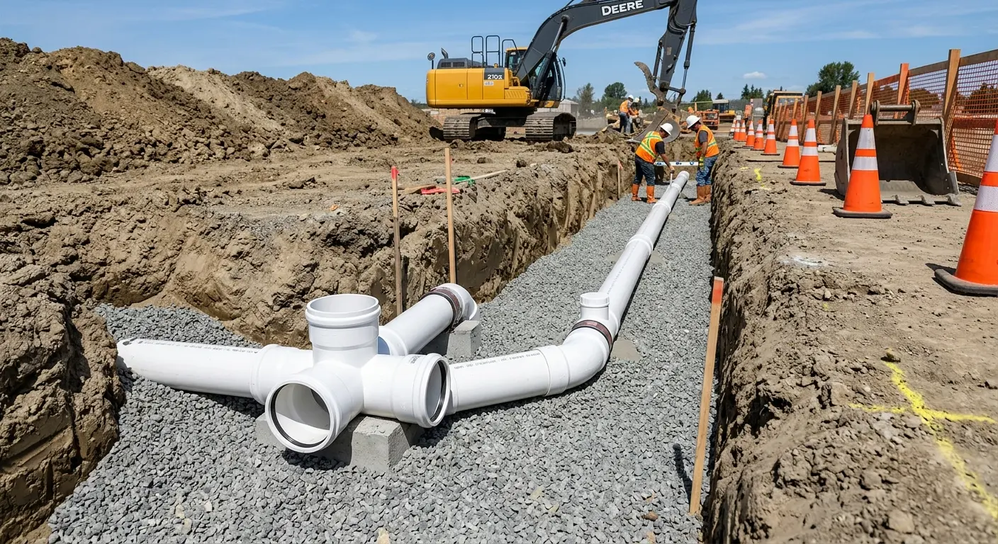 New PVC sewer pipe installation in open trench for Sewer Backup in Cudahy