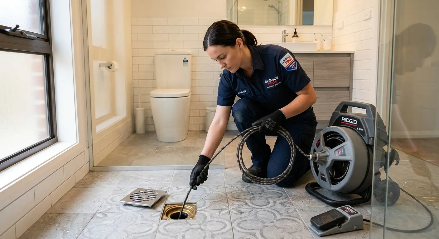 Technician clearing a bathroom floor drain for Hydro Jetting in Cudahy